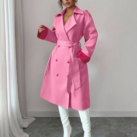 Pink Chic Women's Double breasted Midi trench Overcoat - Picture 5 of 8